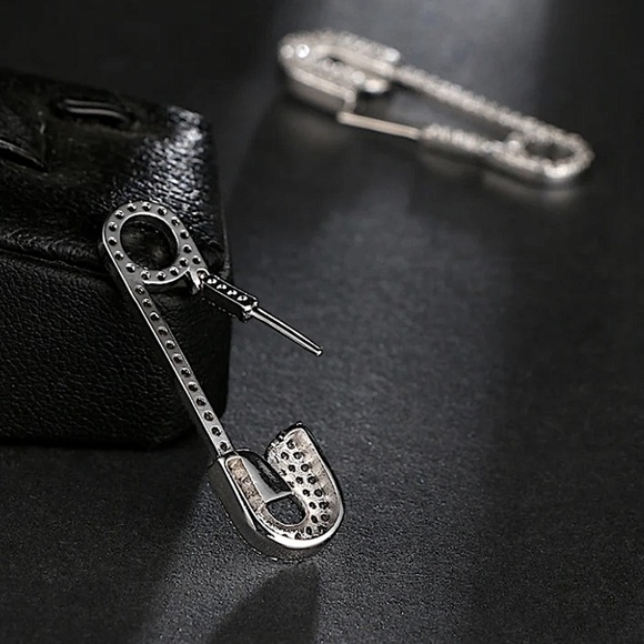 Silver Rhinestone Safety Pin Earrings, Minimalist - Picture 3 of 6